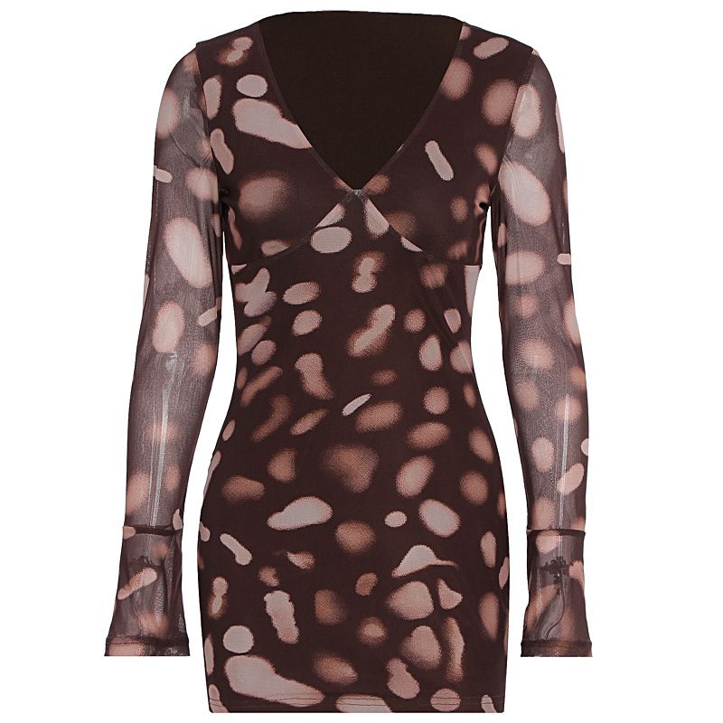 New Arrival Sexy Hot Girl Style Printed Mesh V Neck Flare Sleeve Bodycon Hip Wrapped Casual Party Evening Dress_ecoleips.com