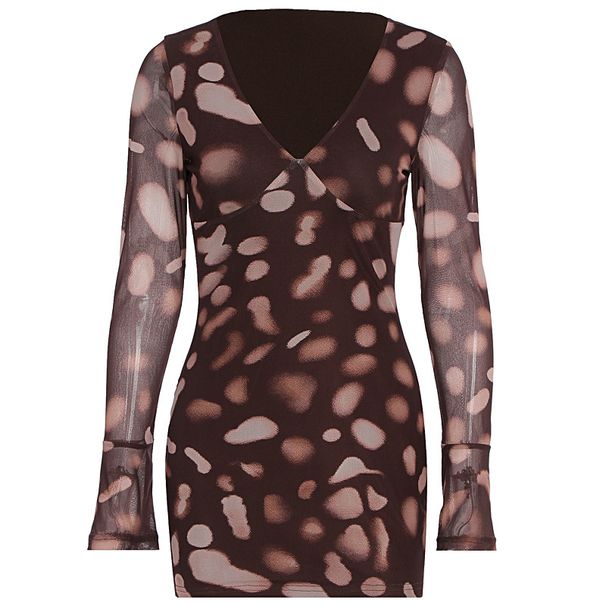 New Arrival Sexy Hot Girl Style Printed Mesh V Neck Flare Sleeve Bodycon Hip Wrapped Casual Party Evening Dress_ecoleips.com