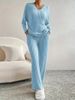 Women's Solid Color V-Neck Top & Straight Leg Trousers Ribbed Two Piece Set Casual Loose Fit Autumn Winter Outfit_ecoleips.com