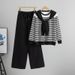 New Temperament Fashion Xiaoxiang Style Professional Knitted Suit Women's Striped Sweater Wide Leg Pants Two Piece Suit_ecoleips.com