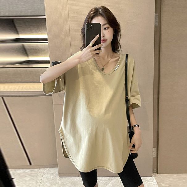 Simple And Fashionable Summer Clothes For Pregnant Women, New Solid Color V-neck Short Sleeved T-shirt, Pregnant Mother Mid To Long Length Top, Loose_ecoleips.com