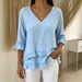 Women's V Neck Short Sleeve Shirt Spring/Summer Cotton Linen Loose Fit Solid Color American Style Top_ecoleips.com
