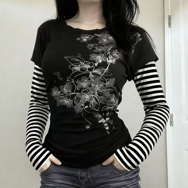 American Subculture Punk Print T-shirt Harajuku Striped Patchwork Tshirts Retro Y2K Gothic Tee Hip-hop Hottie Fake Two-piece Top_ecoleips.com
