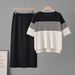 Women's Striped V-Neck T-Shirt And Skirt Set Short-Sleeved Knit Two-Piece Casual Fashion Outfit for Summer_ecoleips.com