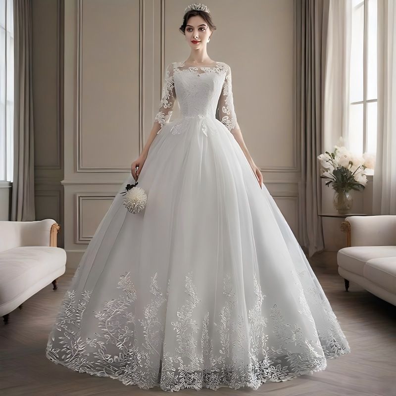 Women's Clothing French Style Long Sleeved Wedding Dress Simple Elegant Floor Length Slimming Plus Size Petite Design For Spring_ecoleips.com