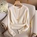 Women’s Ribbed Knit Sweater Long Sleeve Crew Neck Pullover Soft Stretch Casual Chic Top Elegant Fall Winter Fashion Button Cuff Jumper_ecoleips.com