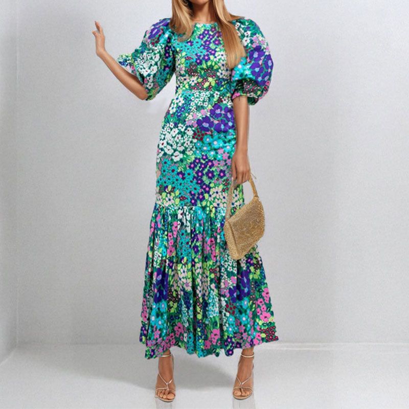 Women's Slim Fit Printed Pleated Long Skirt Spring Fashion Casual Dress American Style Thin Suitable For Summer_ecoleips.com