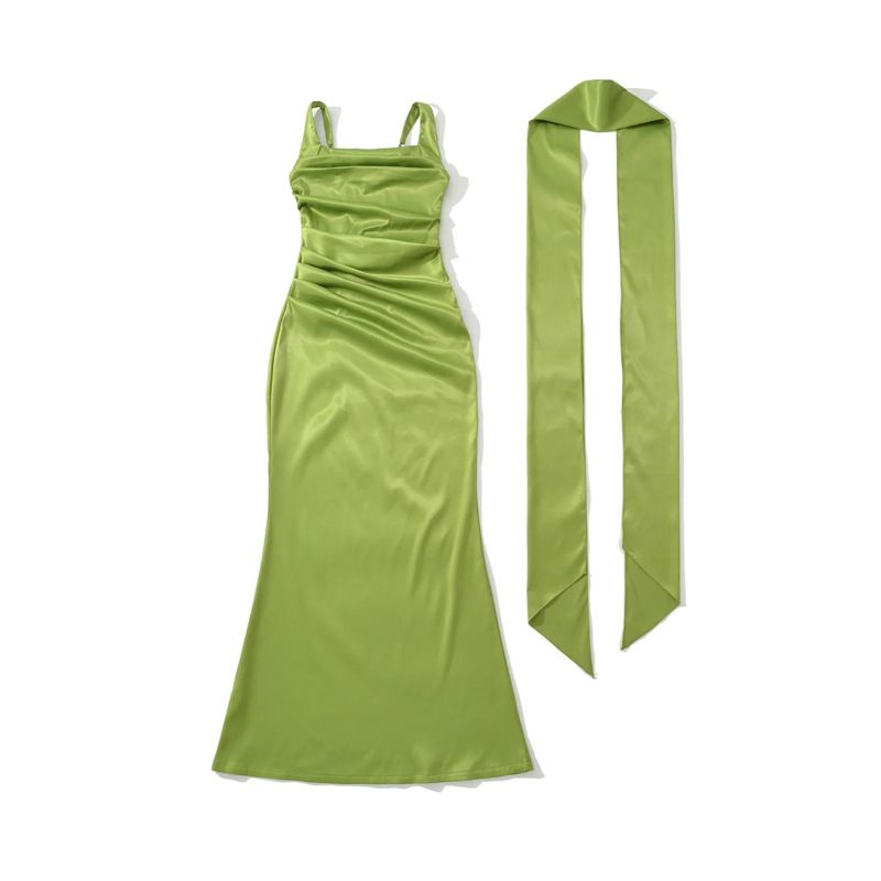 Women's Square Neck Spaghetti Strap Long Dress Solid Color Slim Fit Pleated Waist Fishtail Skirt Ribbon Ties_ecoleips.com