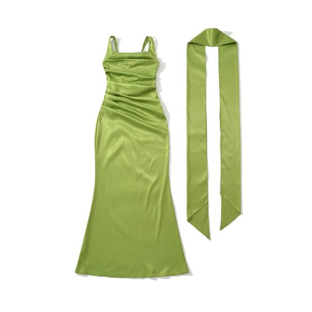 Women's Square Neck Spaghetti Strap Long Dress Solid Color Slim Fit Pleated Waist Fishtail Skirt Ribbon Ties_ecoleips.com