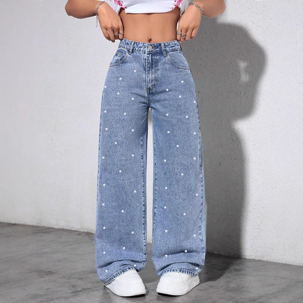 Cross-border European And American Bestseller, Ins-style Pearl Straight Loose Versatile Wide-leg Long Pants,_ecoleips.com