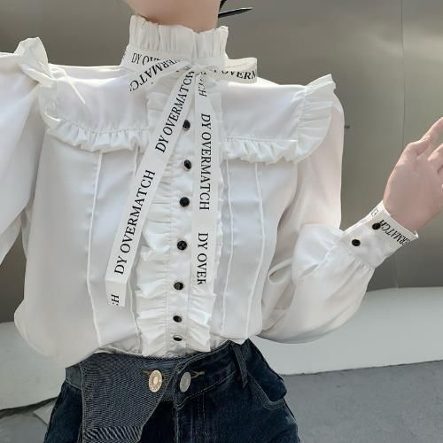 2026 Fall/Winter New French Style Elegant High-End Stand Collar Letter Bow Satin Ruffle Edge Women's Blouse_ecoleips.com