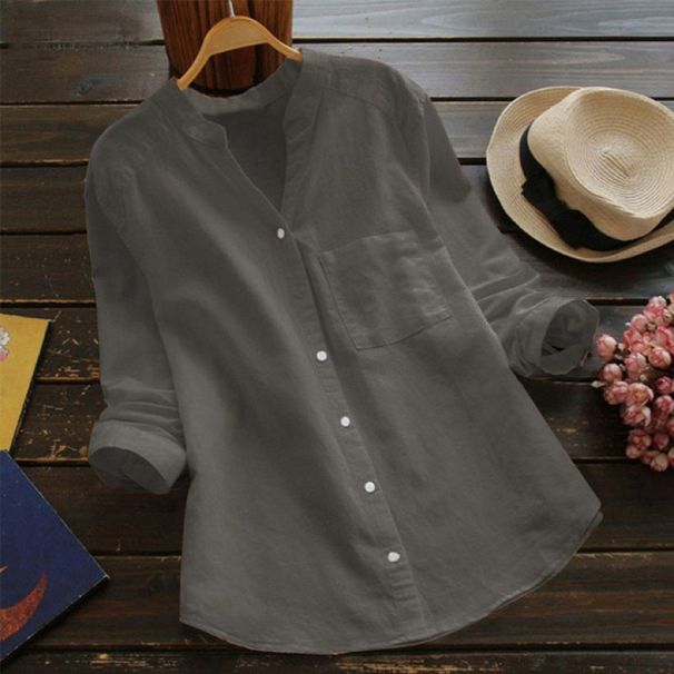New Spring And Autumn Cotton-Linen Shirt For Women, Long Sleeve, Loose Fit, Fashionable Design, Solid Color V-Neck Linen_ecoleips.com