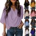 Summer New Women's Chiffon V Neck Blouse Loose Casual Mid Sleeve T-Shirt Style_ecoleips.com