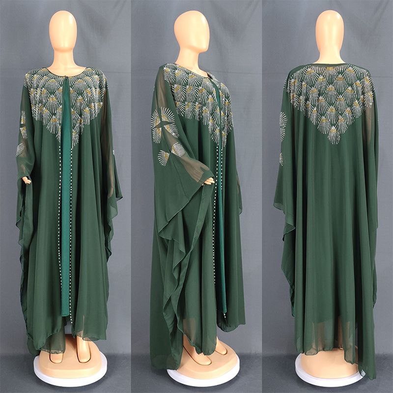 Women's Clothing Chiffon Heavy Hot Diamond Beaded Robe Muslim Large Size Dress_ecoleips.com