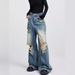 EDX Blue Ripped Jeans For Women, Summer American High Street Retro Floor-length Pants, Loose High-waisted Straight_ecoleips.com
