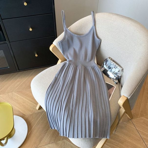 Elegant French Hepburn Style Women's Knitted Maxi Dress With Slimming Waist Spaghetti Strap Pleated Design Sophisticated Alluring Dress_ecoleips.com