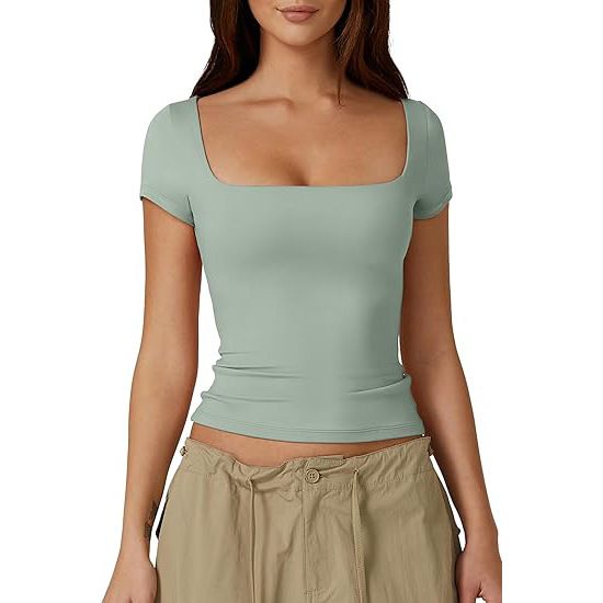 Women's Slim Fit Cropped Square Neck T-Shirt – Breathable Short Sleeve Top For Casual & Layering_ecoleips.com
