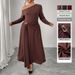 Off-Shoulder Plus Size Fall Dress – High Waist Slimming Long Sleeve Coffee Brown Dress With Belt Detail_ecoleips.com