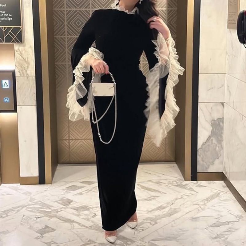 Elegant O-neck Flared Sleeve Banquet Dress Ladies Sexy Split Wrap Hip Long Dresses Fashion Mesh Patchwork Slim Fit Spring Dress_ecoleips.com