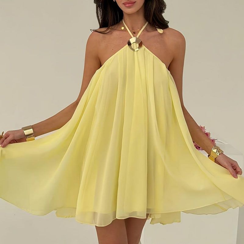 Chiffon Pleated Solid Color Women's Party Dress Off Shoulder Elegant Holiday Dress Metal Buckle Hanging Neck Hollow Summer Dress_ecoleips.com