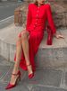 Freeacy 2025 Women Red Temperament Dress Round Neck Long Sleeves Single-breasted Dresses H-line Splited Elegant Evening Dress_ecoleips.com