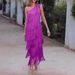 Spring Summer Asymmetric Tassel Oblique Shoulder Dress For Women European American Fashion Evening Gown_ecoleips.com