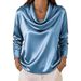 Women's Elegant Satin Top Long Sleeve Relaxed Fit Stacked Neck Luxe Polyester Blend Casual Office Wear Brick Red Lavender Mustard Sky Blue_ecoleips.com