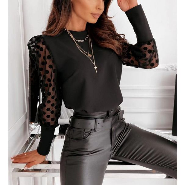 Women's Clothing Lace Sleeve Pullover Casual Half High Neck Lace Shirt/Chiffon Shirt_ecoleips.com