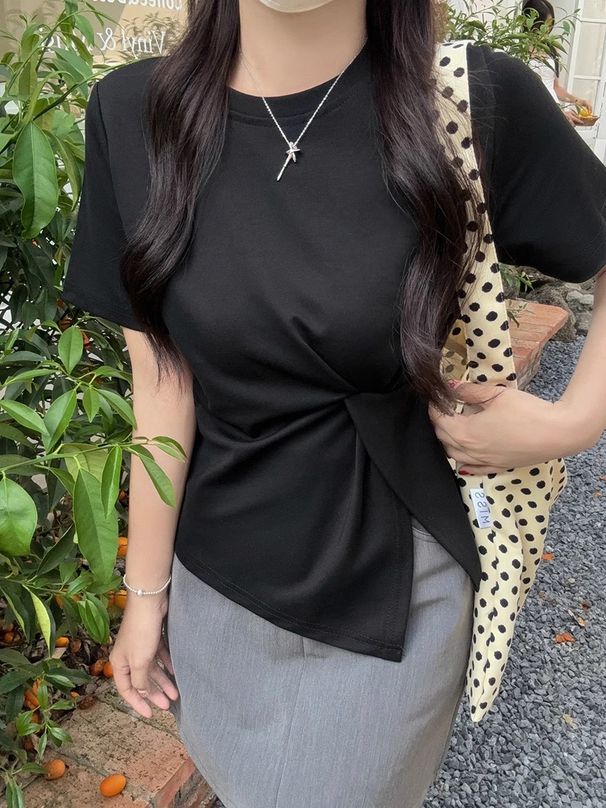 Design Sense Twisted Split Pure Cotton Short Sleeve T-Shirt For Women, Summer Korean Style Irregular Waist-Slimming Stra_ecoleips.com