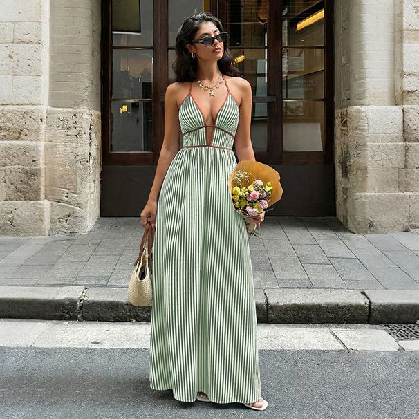 Women's Clothing Summer Deep V Neck Striped Resort Dress Backless Sleeveless Halter Neck Gown For Women_ecoleips.com
