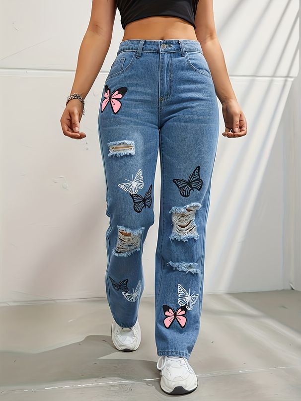 Butterfly Printing Denim Trousers Women Holes Jeans Straight Pants High Waist Loose Fit Vintage 2024 Casual Distressed Denims_ecoleips.com