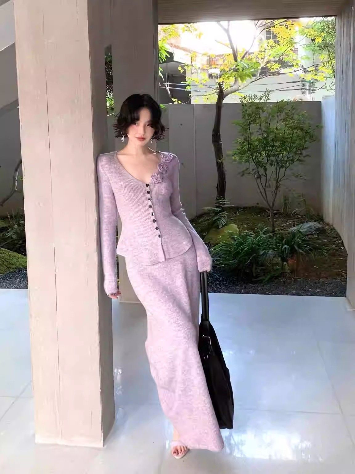 Jiuwu Hong Kong Style Retro 2025 Autumn/Winter New Three-Dimensional Floral Knit Top + Long Skirt Two-Piece Set_ecoleips.com