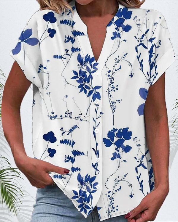 plus Size Women's Floral Button down Shirt Short Sleeve V Neck Casual Comfort Independent Website Exclusive 2025_ecoleips.com