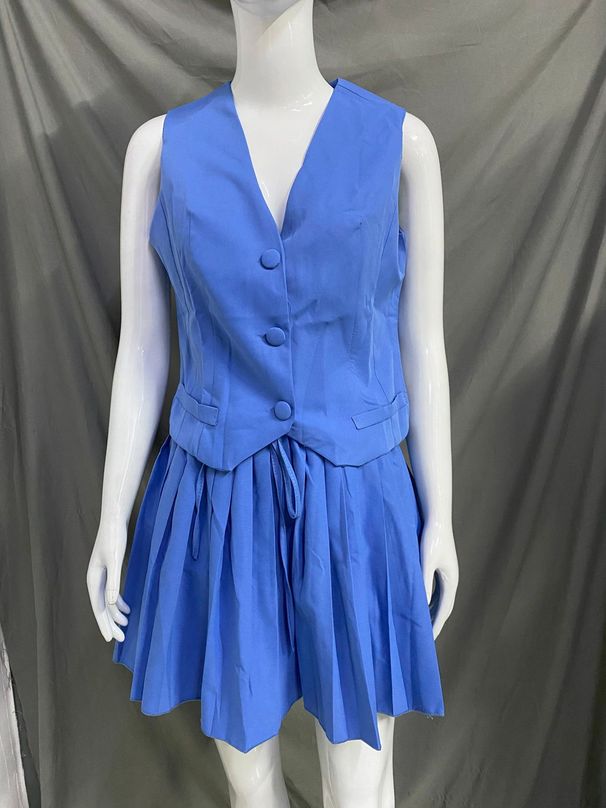 Women's Deep V Neck Single-Breasted Vest And Pleated Mini Skirt Set Casual Elegant Two-Piece Outfit_ecoleips.com
