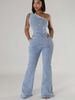 K Slanted Shoulder Tight Waist Slim Fit Elastic Denim Jumpsuit Jumpsuit Flared Pants_ecoleips.com