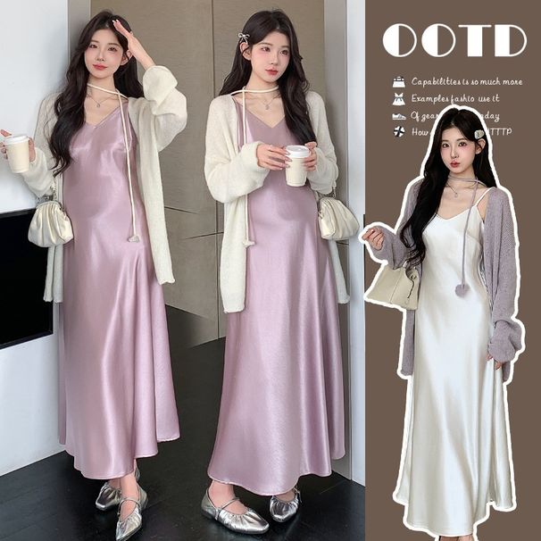 Autumn New Korean Fashion Maternity Dress With Strap Top And Cardigan Sweater 2-Piece Set_ecoleips.com