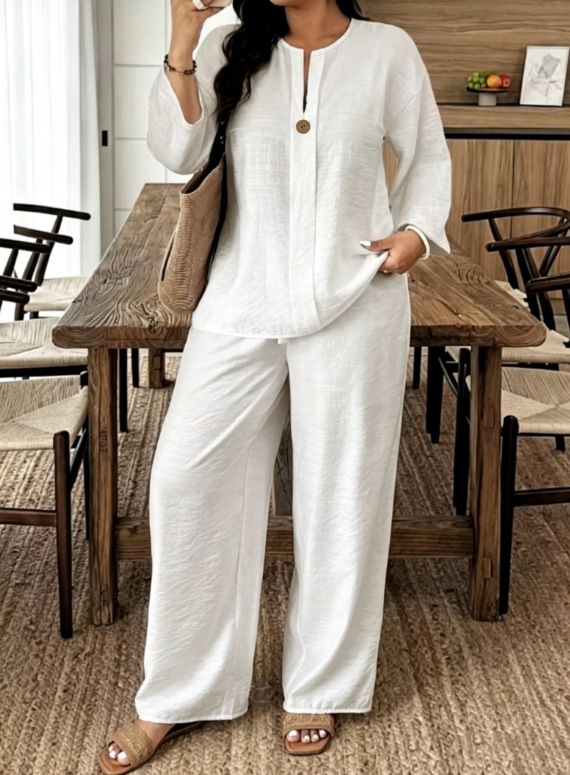 Women's Autumnal Two-Piece Suit Long Sleeved V-Neck Button down Shirt & Wide Leg Pants European American Style_ecoleips.com
