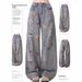 Women's Clothing High Waist Ripped Jeans Wide Leg Design Embroidered Bear Detail Spring Autumn Fashion Casual Denim_ecoleips.com