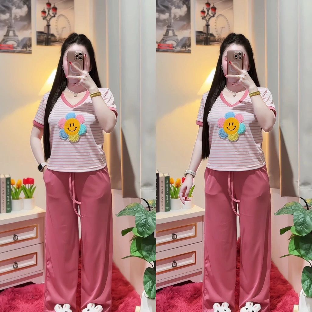 Floral Embroidered Stripe Short Sleeve Wide Leg Pants Set For Women - Summer Boho Chic Outfit With Loose Fit Plus Size Two Piece_ecoleips.com
