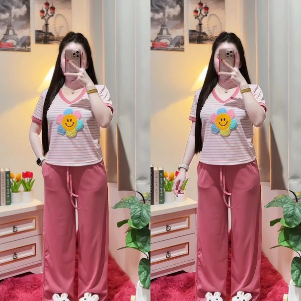 Floral Embroidered Stripe Short Sleeve Wide Leg Pants Set For Women - Summer Boho Chic Outfit With Loose Fit Plus Size Two Piece_ecoleips.com