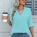 Summer Solid Color V-Neck Mid-Sleeve Knit Top Women's Stylish T-Shirt_ecoleips.com