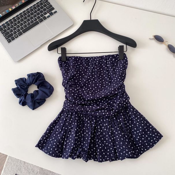 Strapless Floral Camisole for Women Pure Alluring Design Slim Fit Ruffled Hem Hair Tie Included Commuter Style Top_ecoleips.com