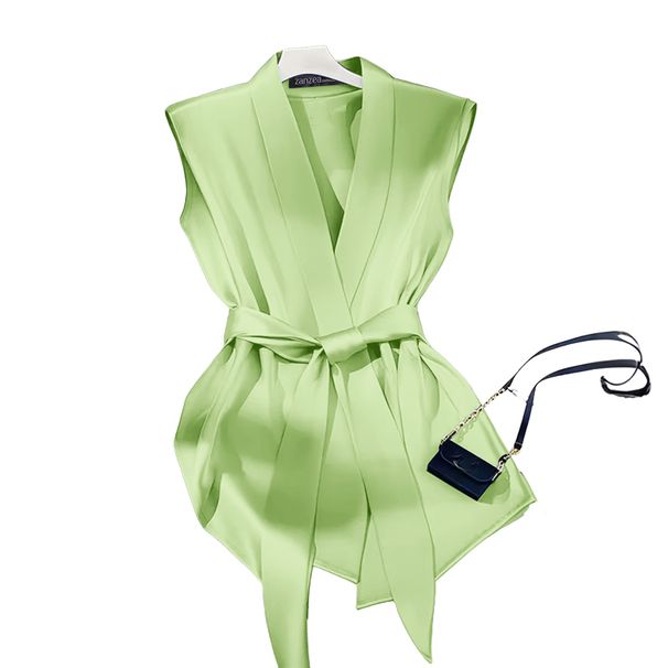 ZANZEA Women Shiny Satin Blouses Elegant Wrapped V-Neck Sleeveless Tops 2025 Summer Office Commuting Belted Party Blusas Mujer_ecoleips.com