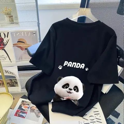 Women's White Round Neck Short Sleeve T-Shirt Cartoon Panda Design Summer 2024 Loose Fit Mid-Length Top For Wholesale_ecoleips.com