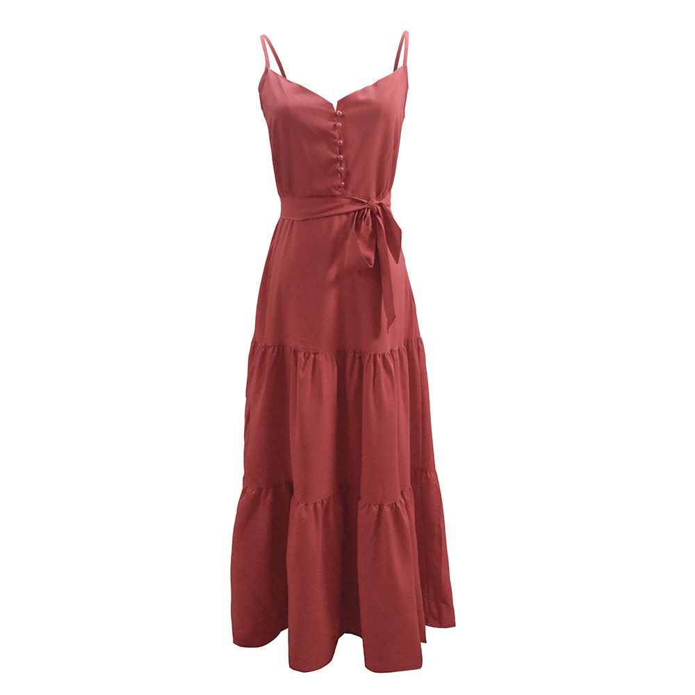 Women Summer V Neck Button Down Sleeveless Strap Long Dress Elegant Casual Commuter Solid Color Maxi Dress For Ladies_ecoleips.com