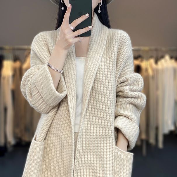 Women's V-Neck Knit Cardigan – Mid-Length Loose Fit, Solid Color, Pockets, All-Season Layering (White/Khaki, One Size)_ecoleips.com