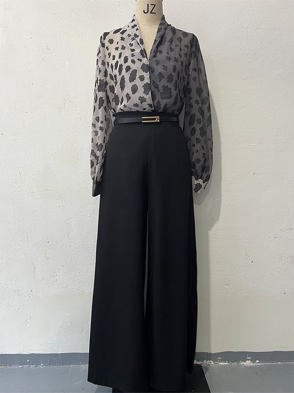 Elegant V-Neck Top With Floral Print Wide-Leg Pants Set – Stylish Two-Piece Outfit For Women Versatile Fit_ecoleips.com