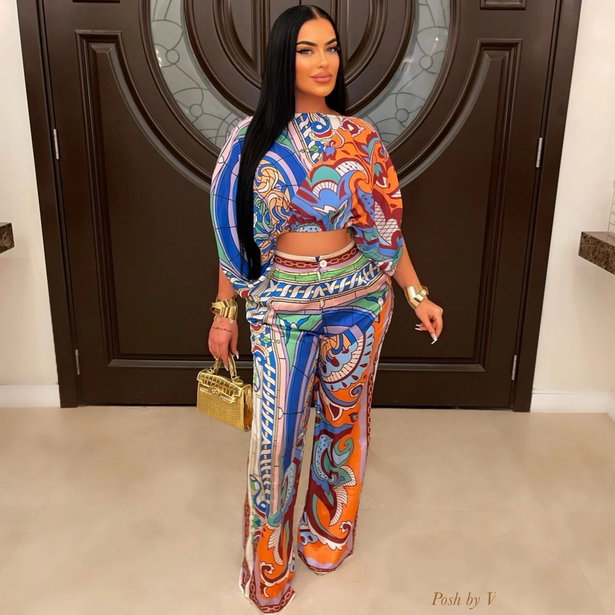 Women's Clothing Off-Shoulder Crop Top Lantern Sleeve Printed Pants Set YW0863_ecoleips.com