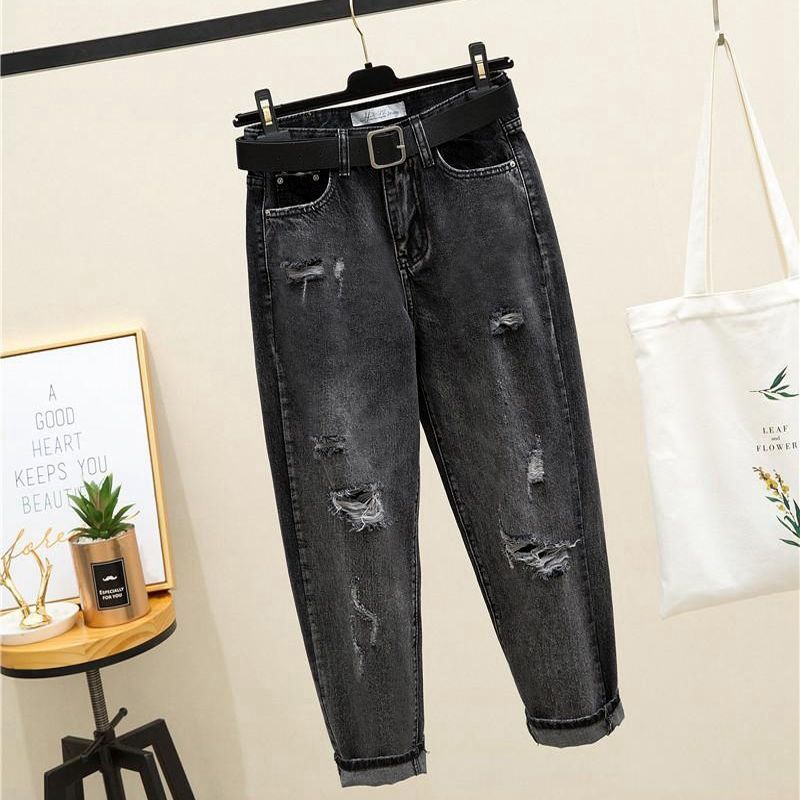 Korean Style plus Size Ripped Cropped Jeans Loose Fit Slimming Straight Leg Carrot Harem Trendy Women's Denim_ecoleips.com