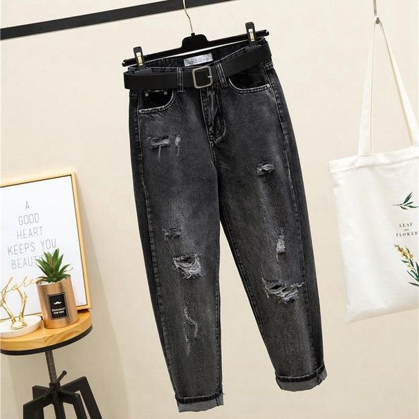 Korean Style plus Size Ripped Cropped Jeans Loose Fit Slimming Straight Leg Carrot Harem Trendy Women's Denim_ecoleips.com